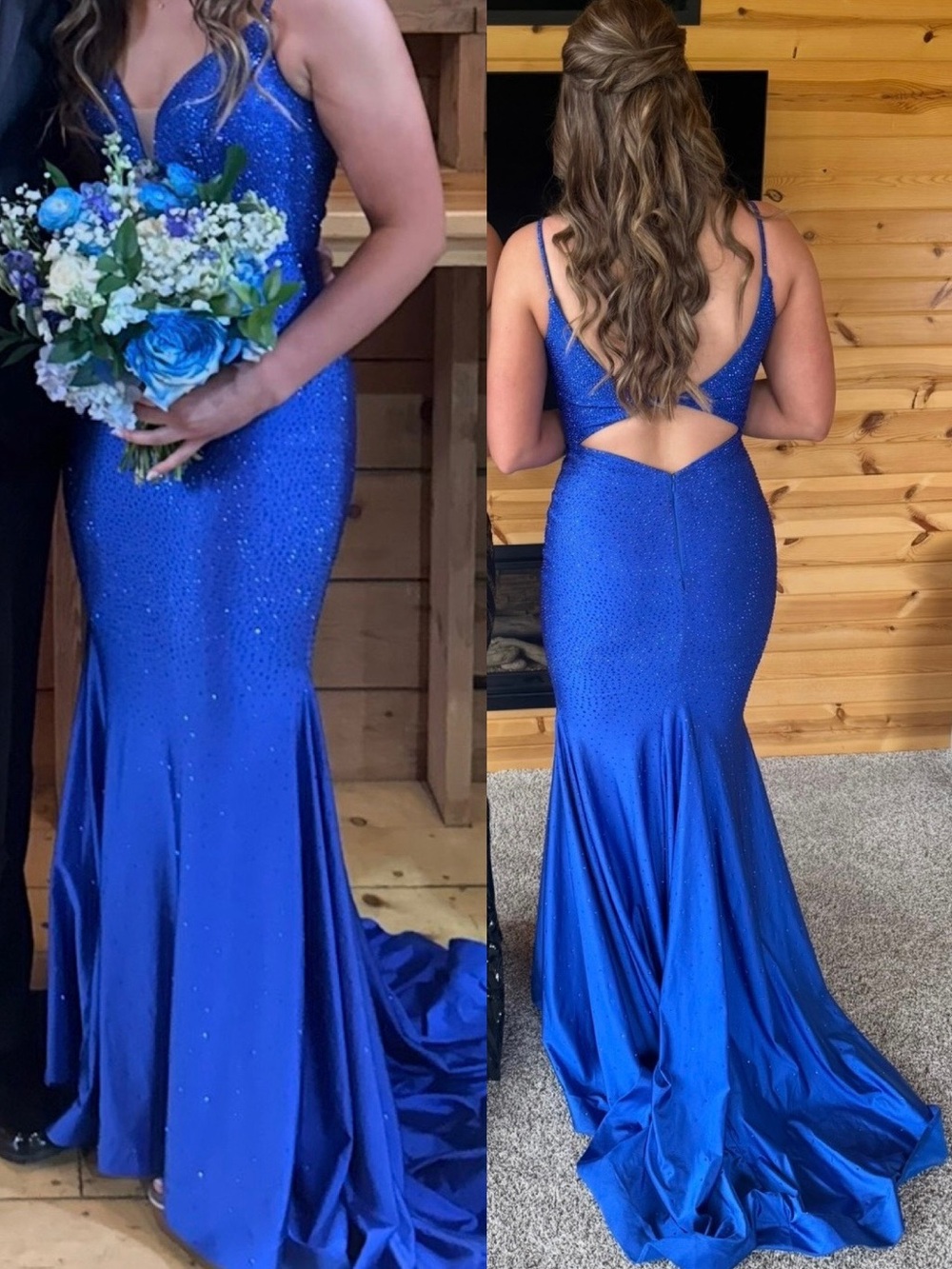 ellie wilde Cobalt Blue Beaded Mermaid Prom Gown with Open Back